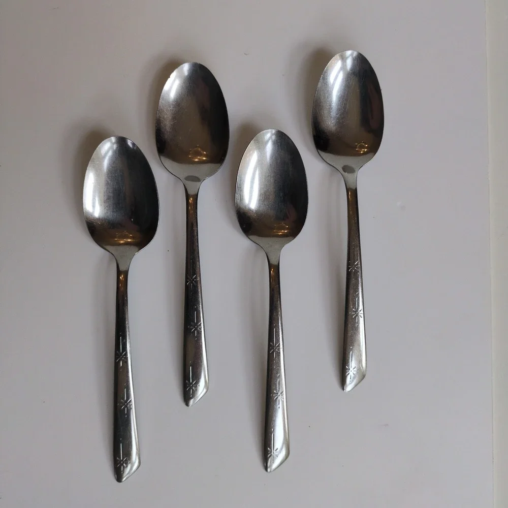 Vtg MCM Starburst Silco Stainless Silverware Large Spoons (4) USA Flatware